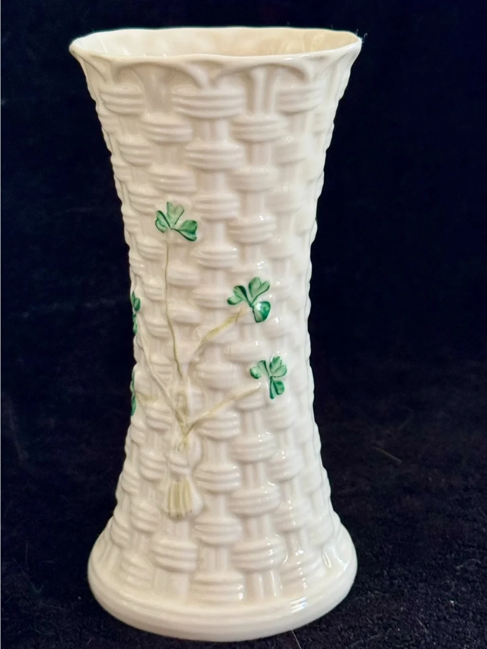 Belleek Basket Weave Shamrock Porcelain Vase 5.5 inch White Old Mark Vintage